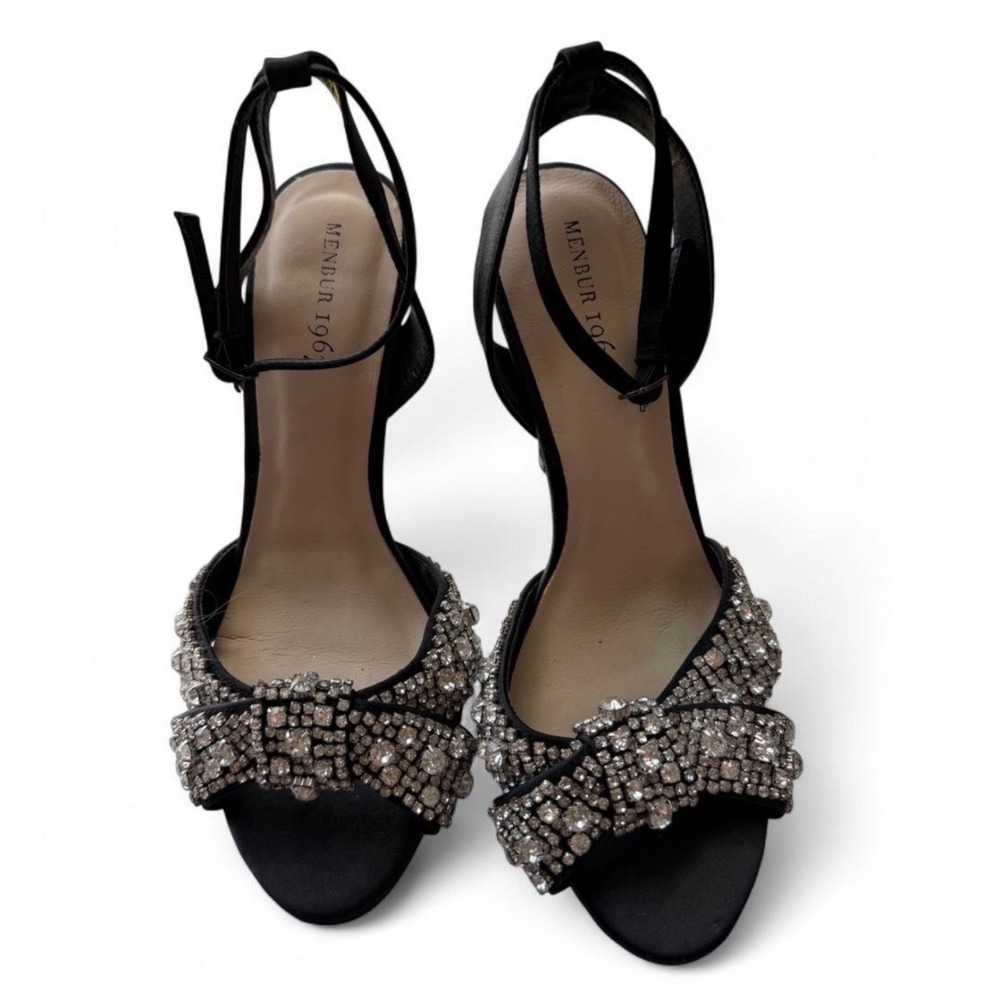 Menbur 1967 Black Satin Crystal Bow Heels - Rhinestone Embellished Sandals